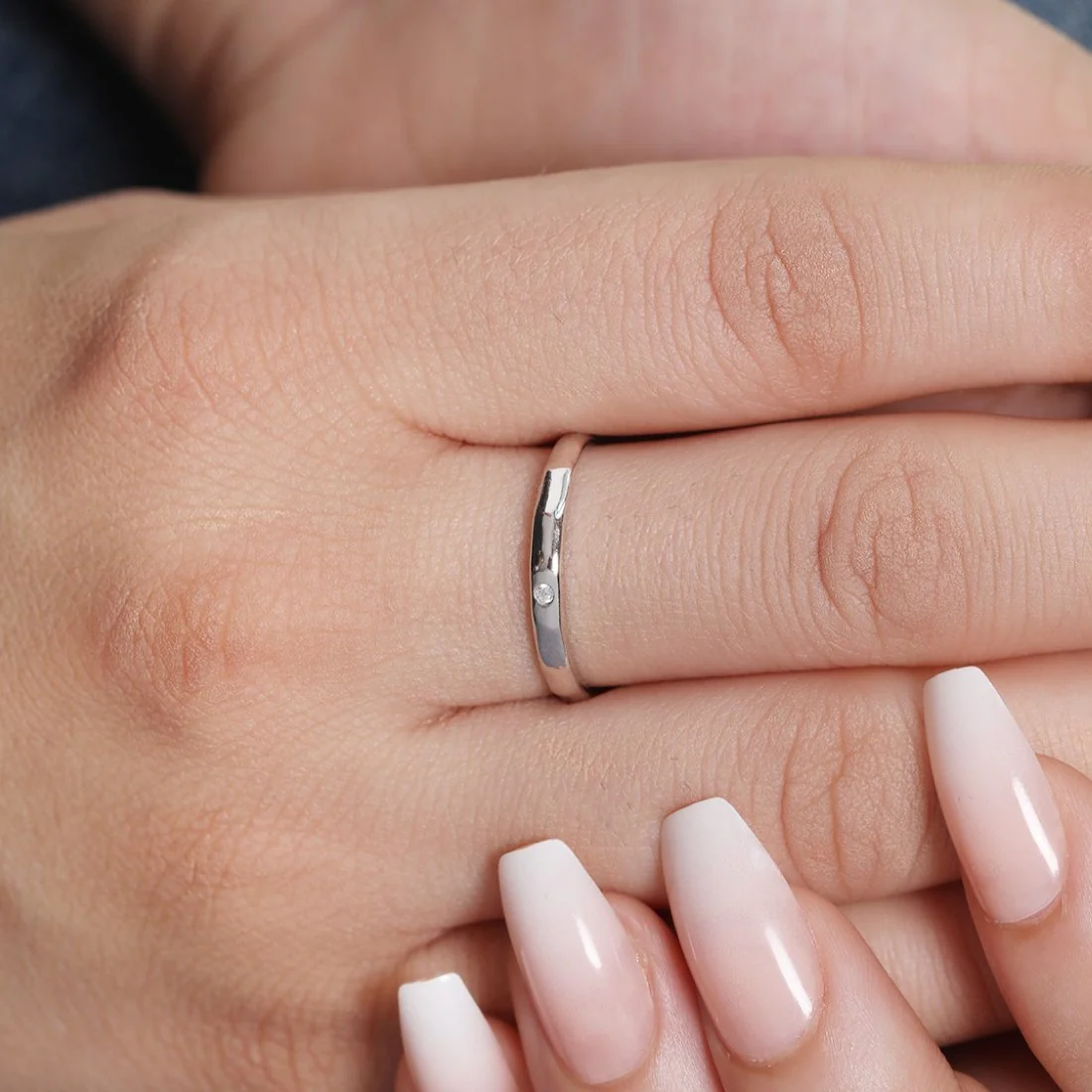 Minimal CZ Rhodium Plated 925 Sterling Silver Couple Ring - Image 9