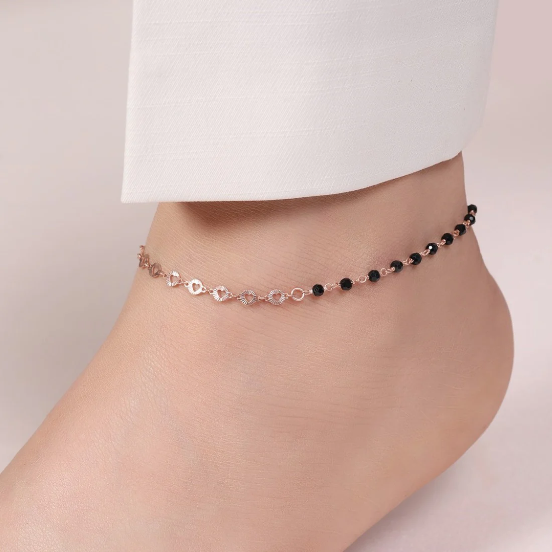 Rose Gold Radiance Beaded Chain Anklet in 925 Sterling Silver - Image 2