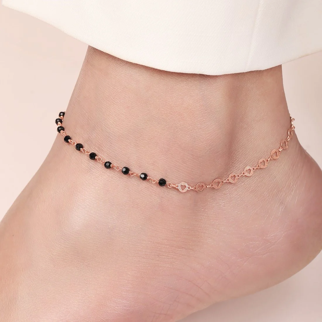 Rose Gold Radiance Beaded Chain Anklet in 925 Sterling Silver - Image 5