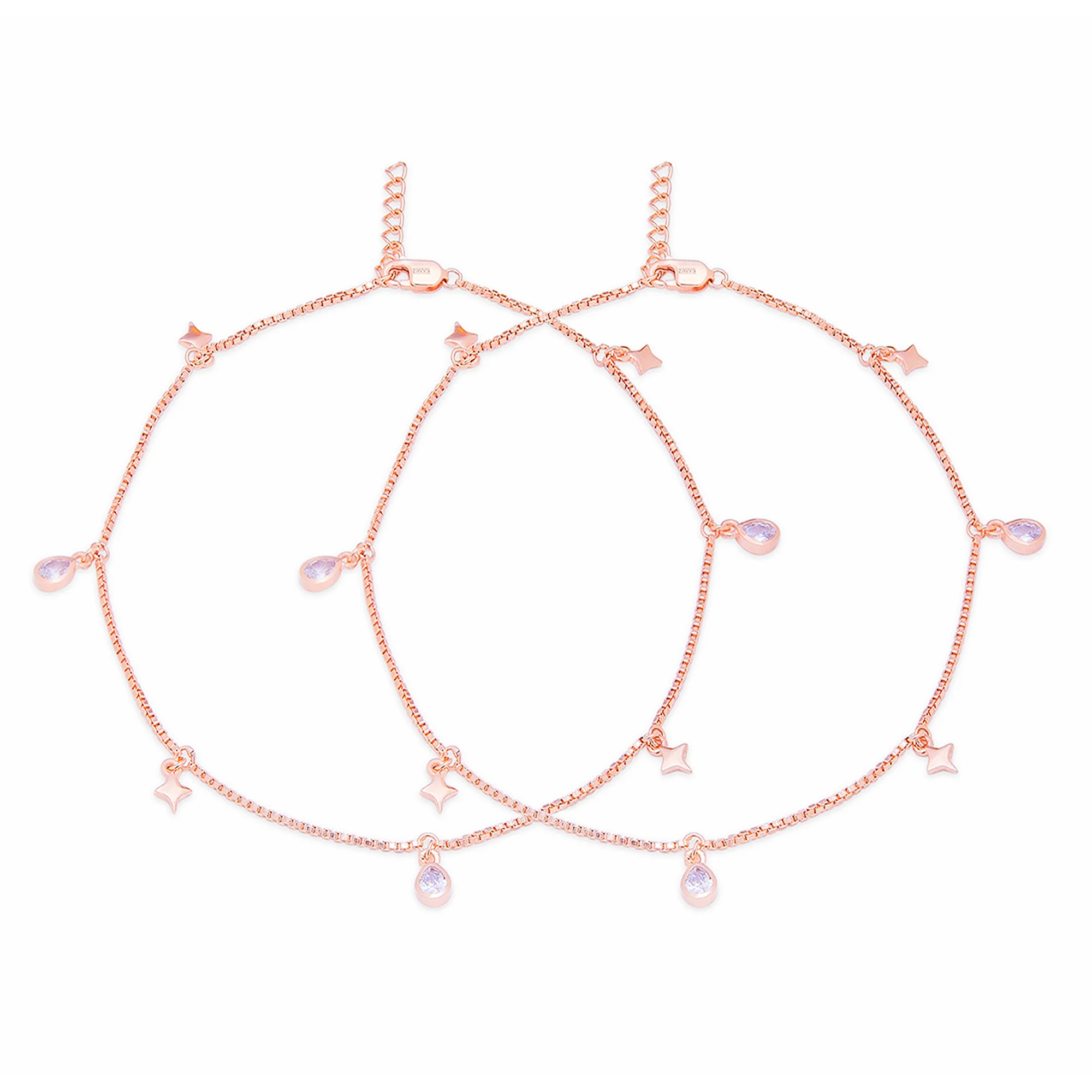 Star Charms Rose Gold Plated 925 Sterling Silver Anklets - Image 7