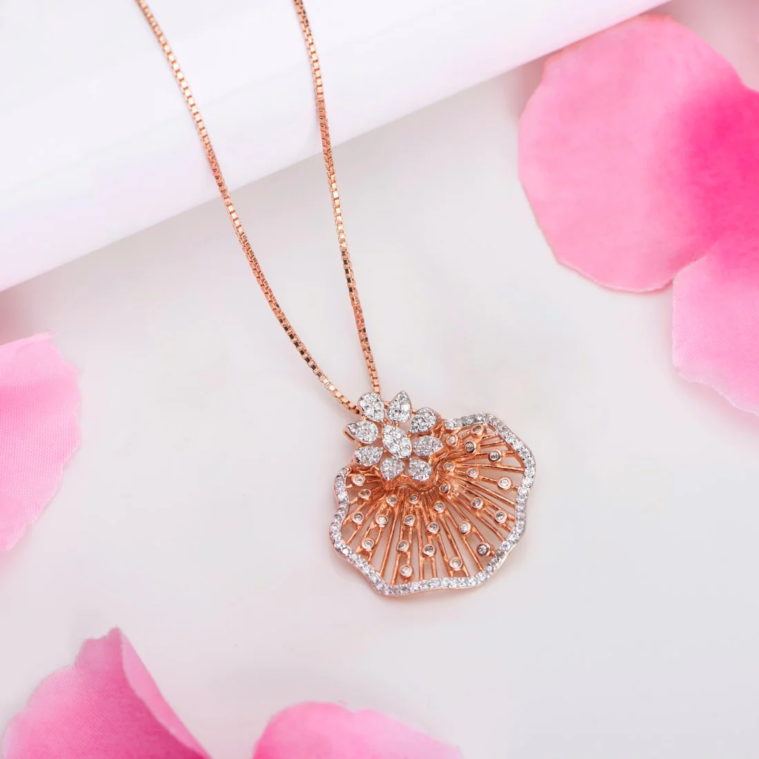 Rose Petal Radiance 925 Sterling Silver Rose Gold-Plated Flower Pendant with Chain