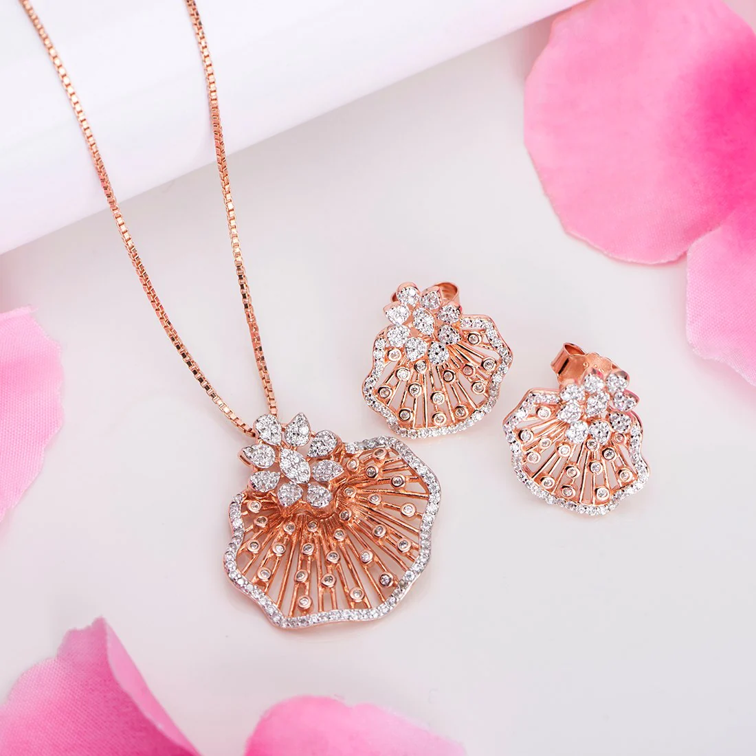 Rosy Bloom Ensemble 925 Sterling Silver Rose Gold-Plated Flower Jewelry Set