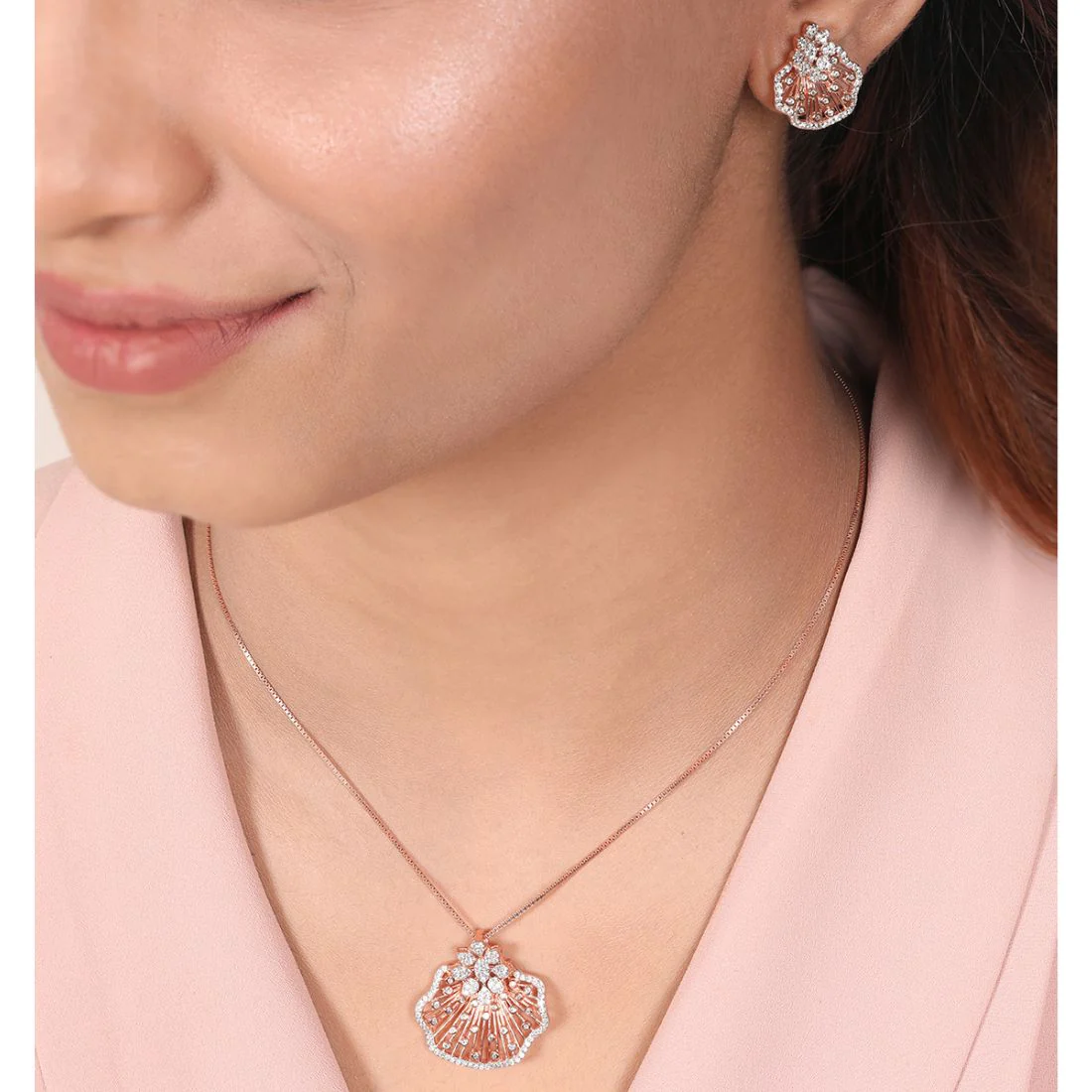Rosy Bloom Ensemble 925 Sterling Silver Rose Gold-Plated Flower Jewelry Set - Image 2
