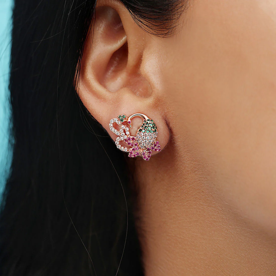 Rosy Peacock Elegance Rose Gold-Plated 925 Sterling Silver Earrings - Image 2