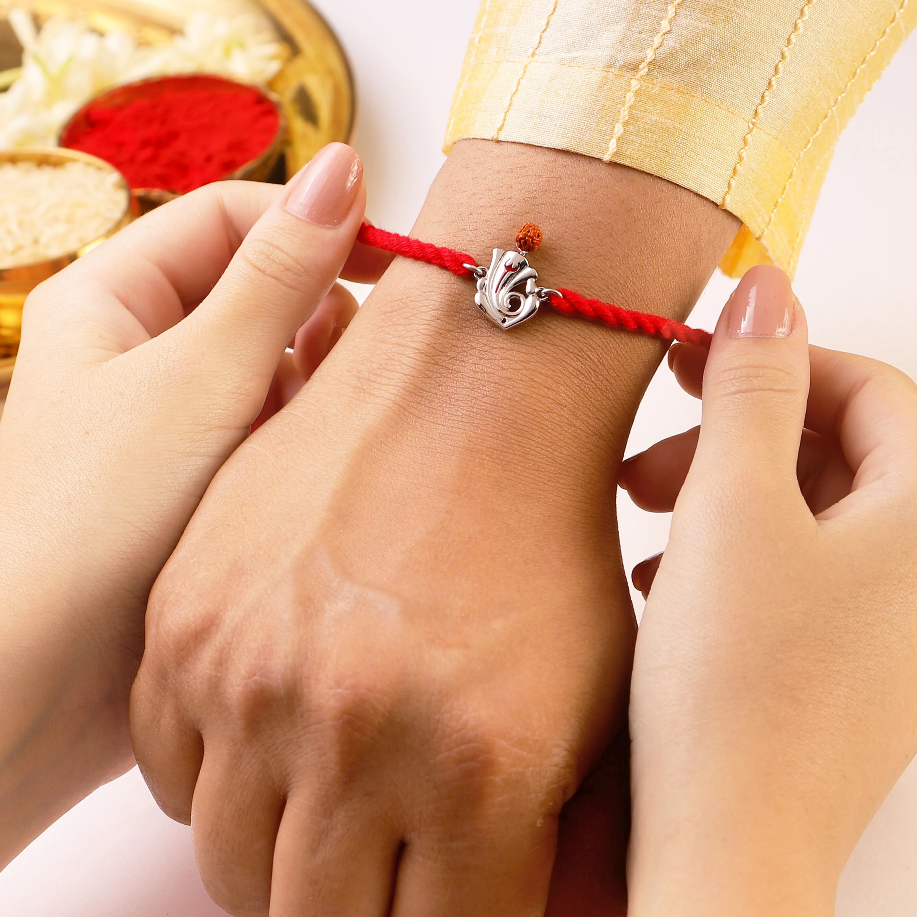 Sacred Ganesh Ji With Rudraksh Rhodium-Plated Sterling Silver Thread Rakhi - Image 4