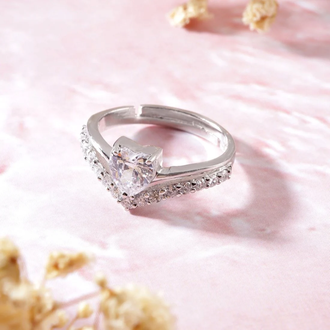 Shimmering Love Rhodium-Plated Heart CZ 925 Sterling Silver Ring (Adjustable) - Image 2