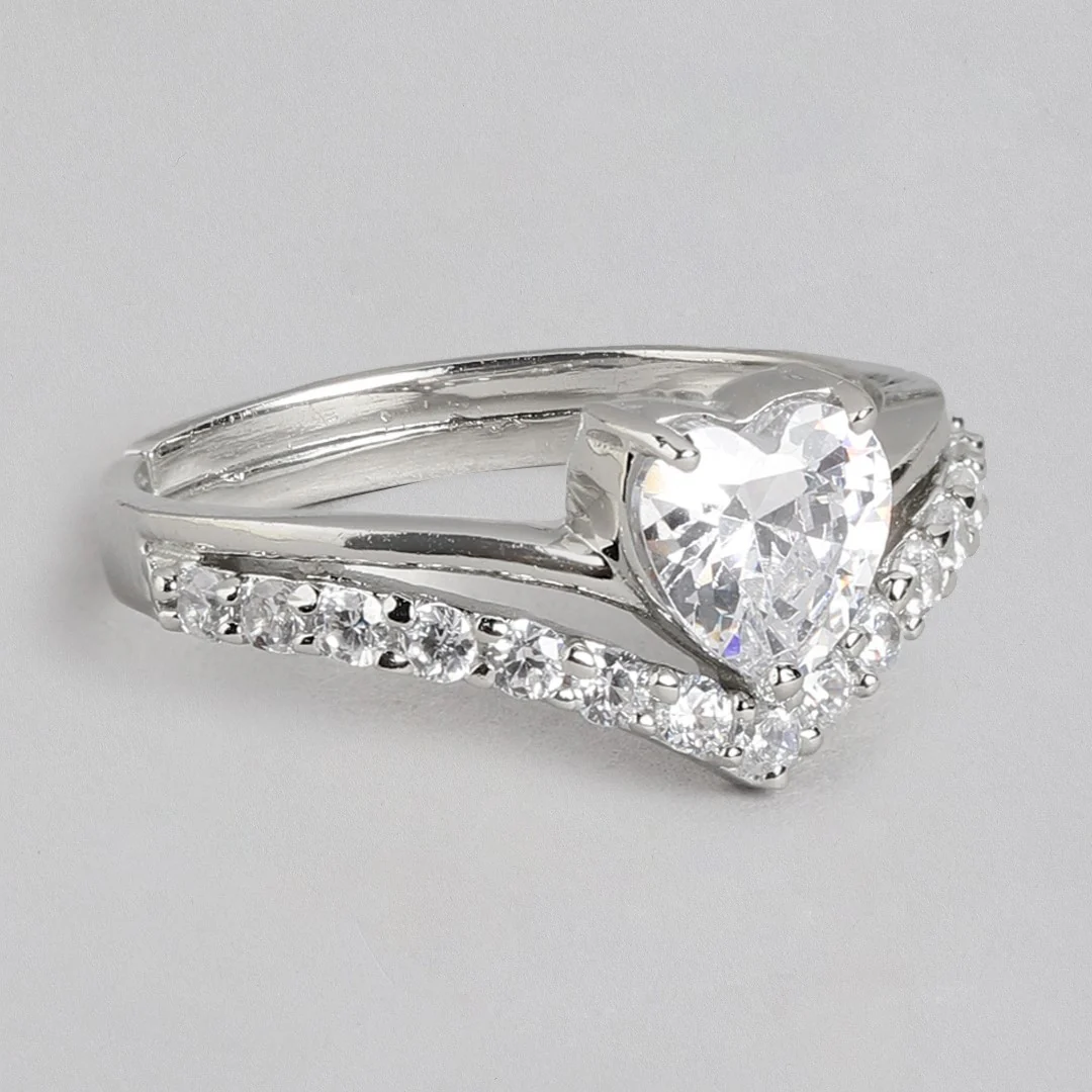 Shimmering Love Rhodium-Plated Heart CZ 925 Sterling Silver Ring (Adjustable) - Image 6