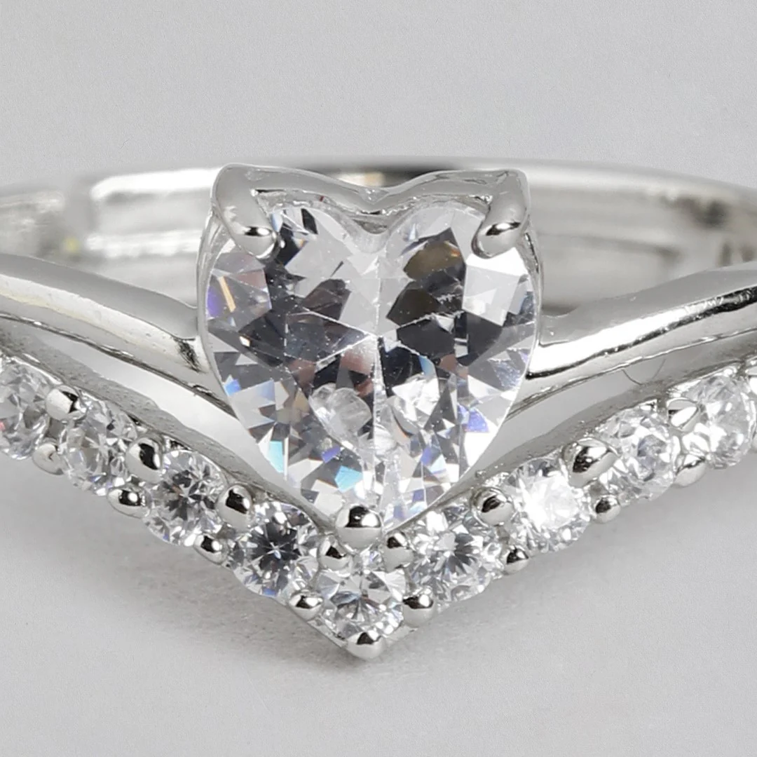 Shimmering Love Rhodium-Plated Heart CZ 925 Sterling Silver Ring (Adjustable) - Image 8