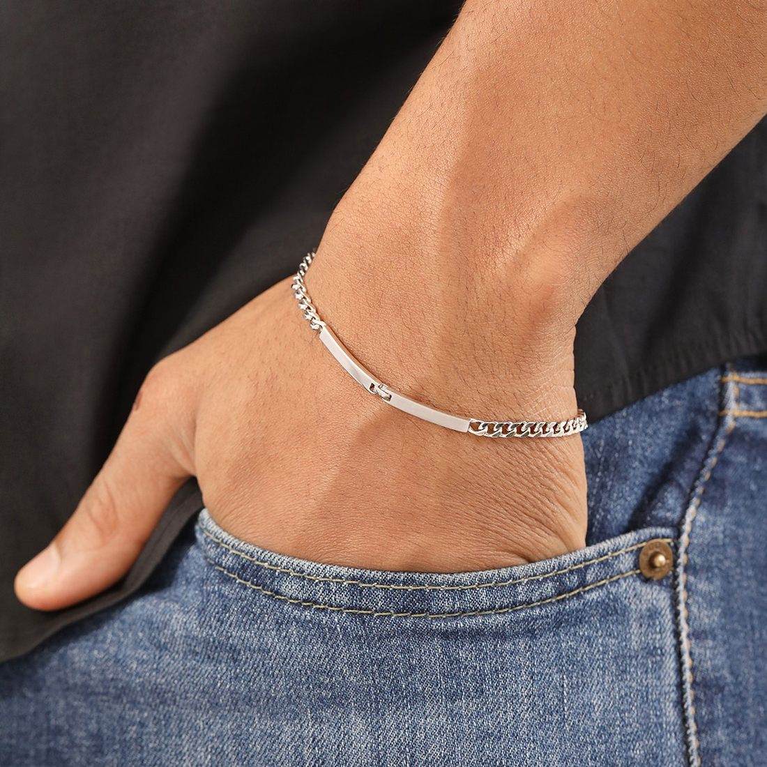 Shimmering Reflections Rhodium-Plated 925 Sterling Silver Link Chain Mens Bracelet - Image 3