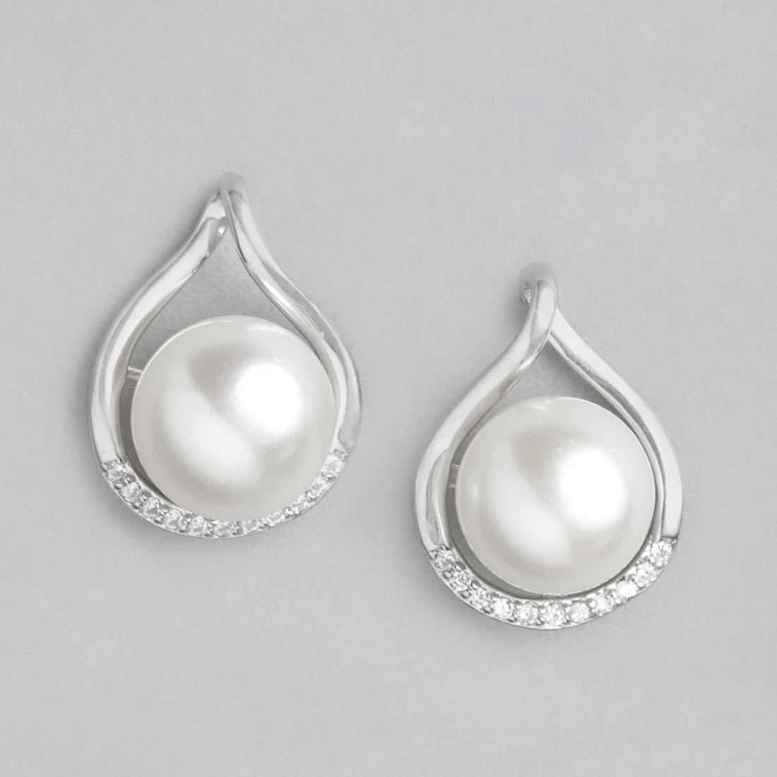 Simple Elegance Pearl Duo Rhodium-Plated 925 Sterling Silver Earrings - Image 3