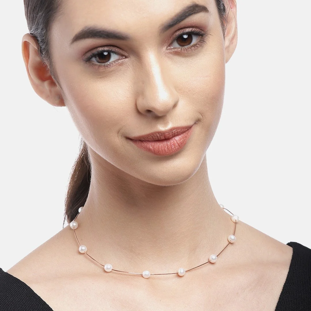 Elegant Snake Chain Pearl 925 Silver Necklace in Rose Gold - Image 3