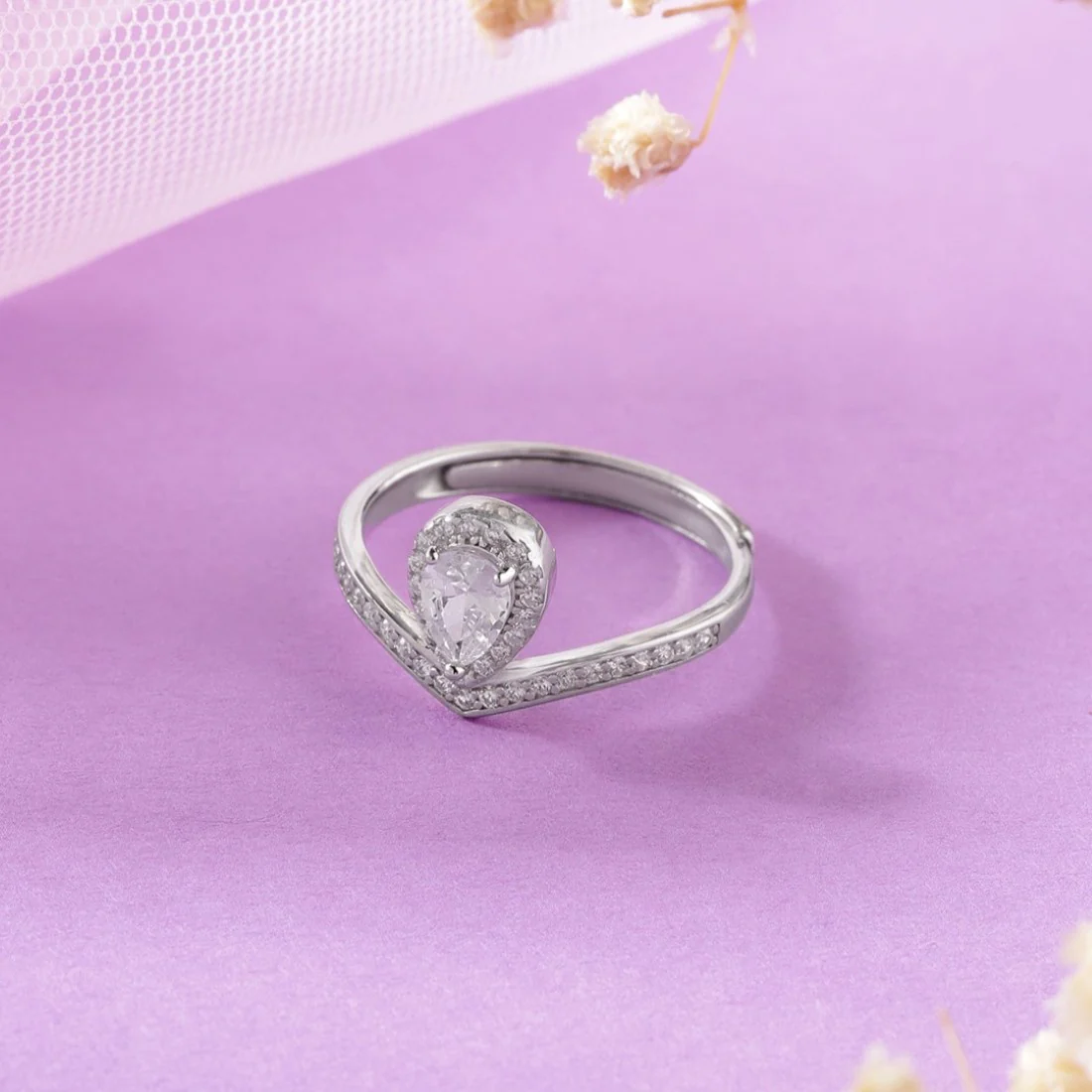 Solitaire Cubic Zirconia Studded 925 Sterling Silver Rhodium Plated Ring (Adjustable) - Image 2