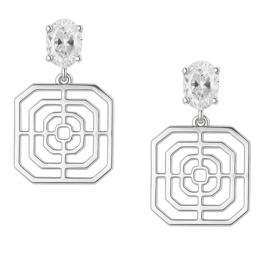 Solitaire Geometric Rhodium Plated 925 Sterling Silver Drop Earrings - Image 3
