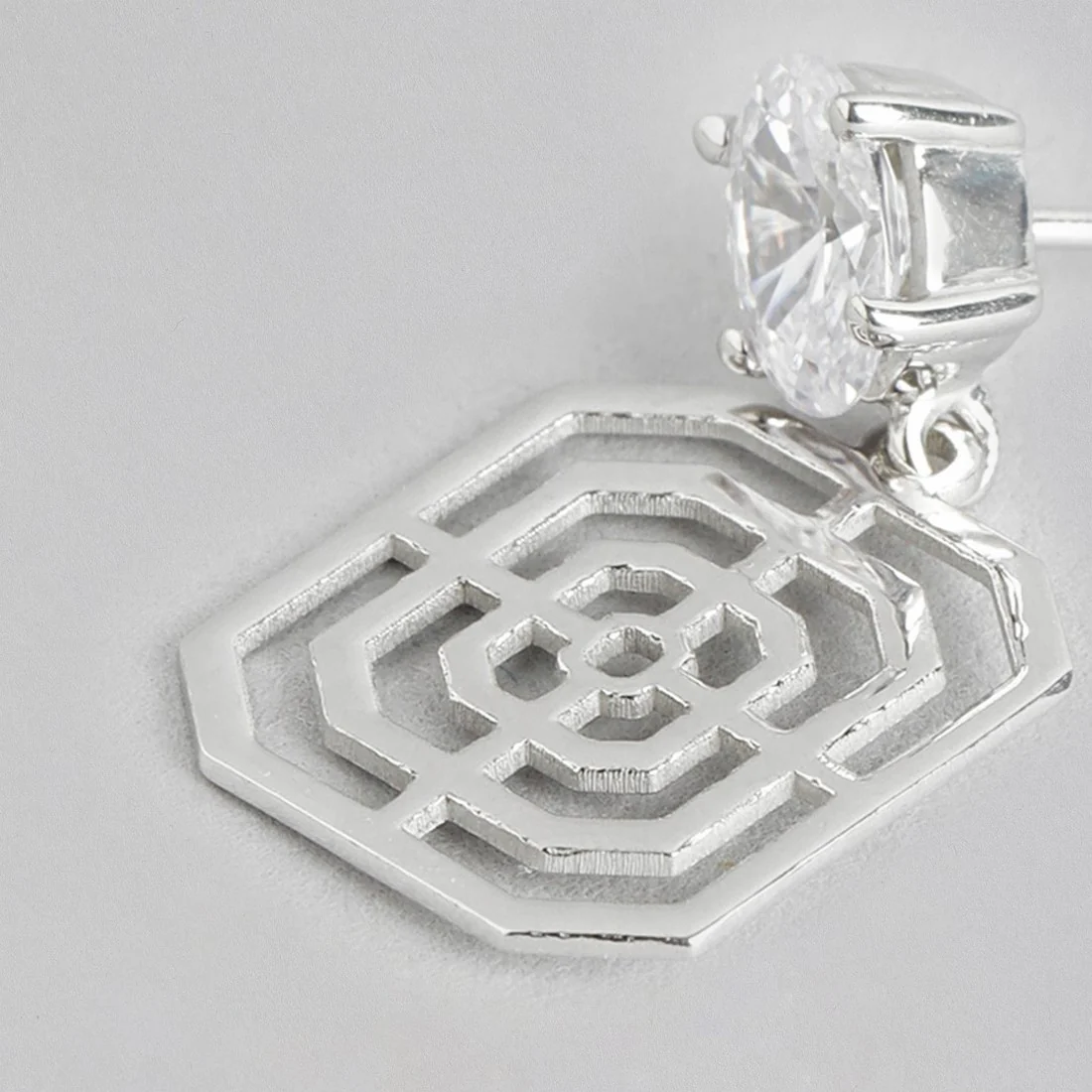 Solitaire Geometric Rhodium Plated 925 Sterling Silver Drop Earrings - Image 4