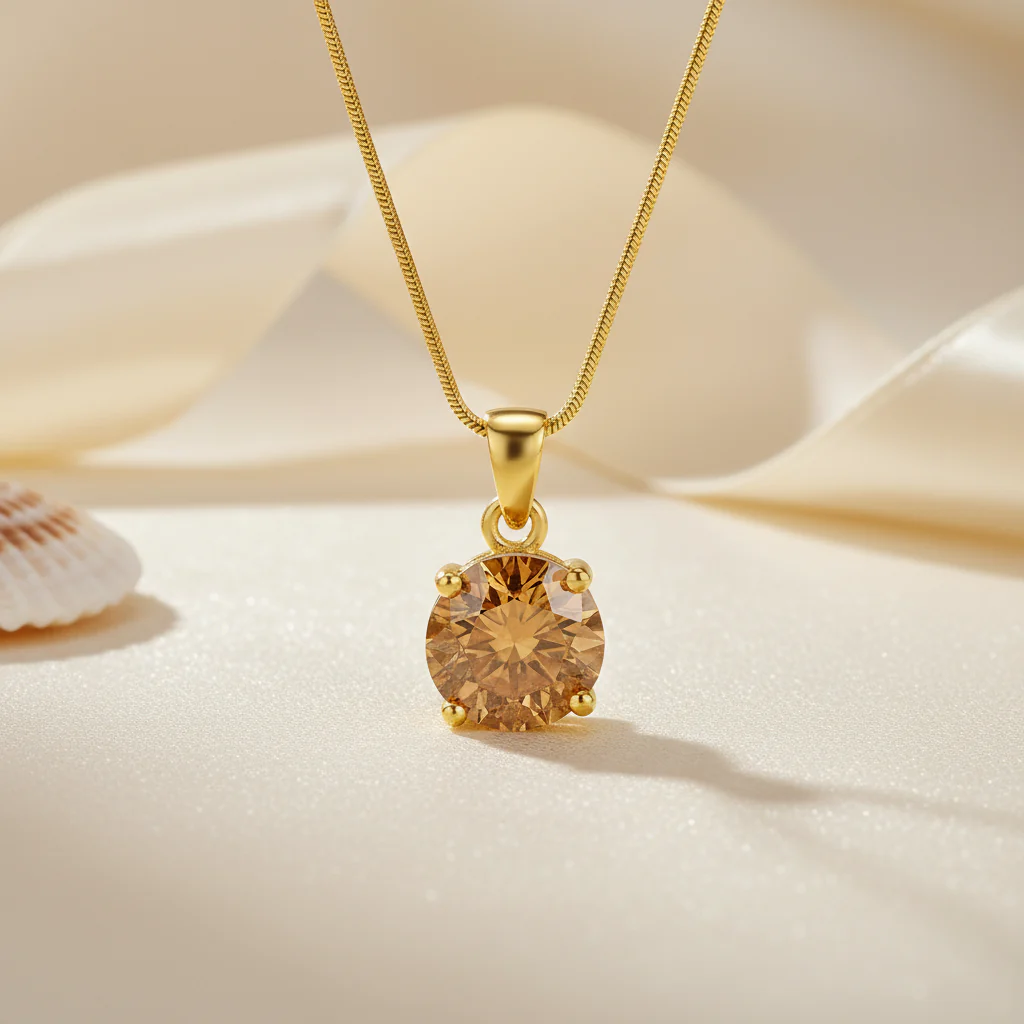 Solitaire Gold Plated 925 Sterling Silver Pendant with Snake Chain