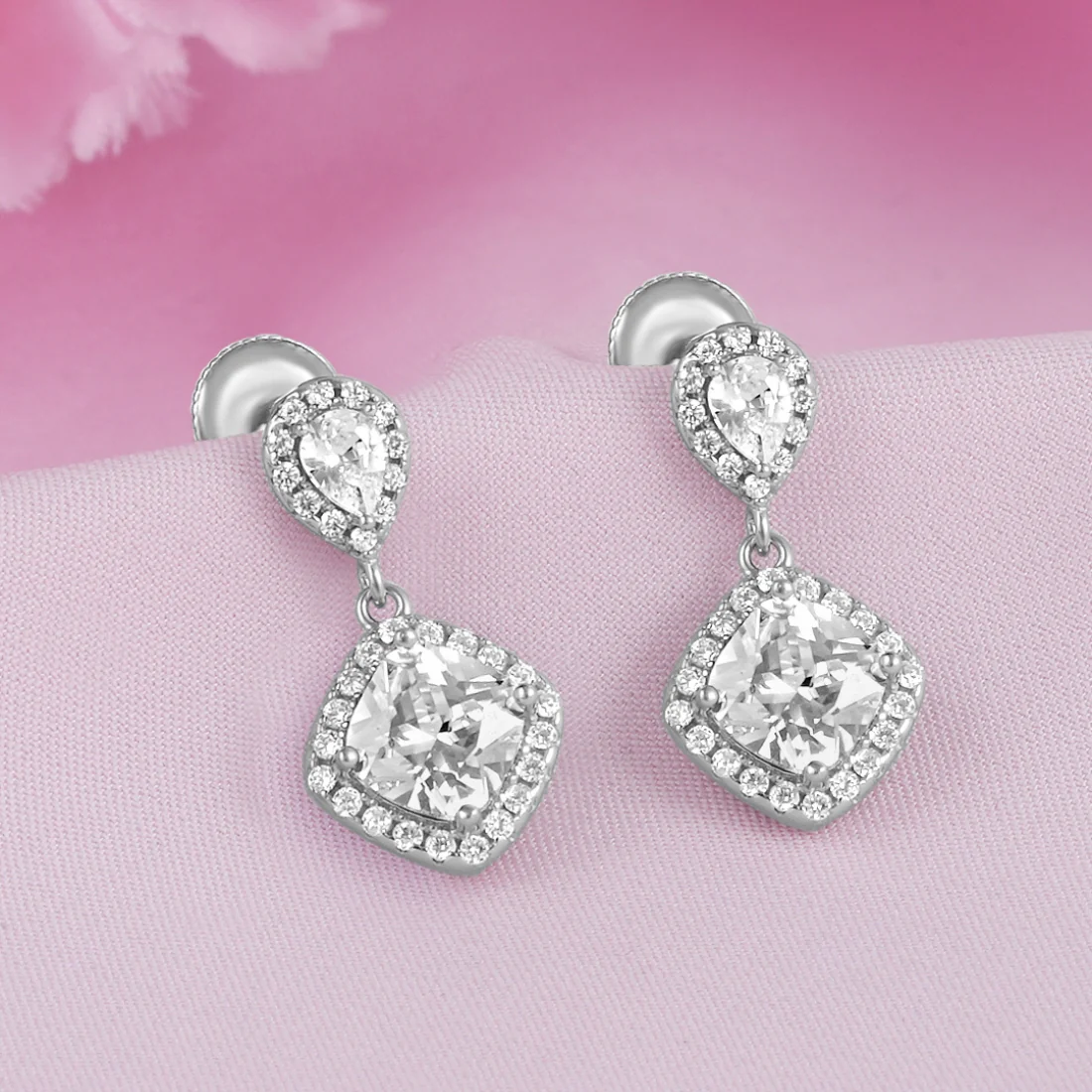 Solitaire Halo Rhodium Plated 925 Sterling Silver Earrings - Image 5