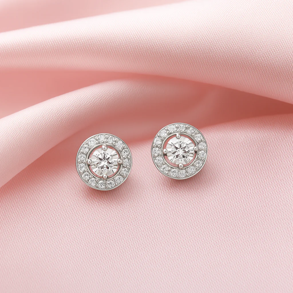 Solitaire Halo Rhodium Plated 925 Sterling Silver Stud Earrings
