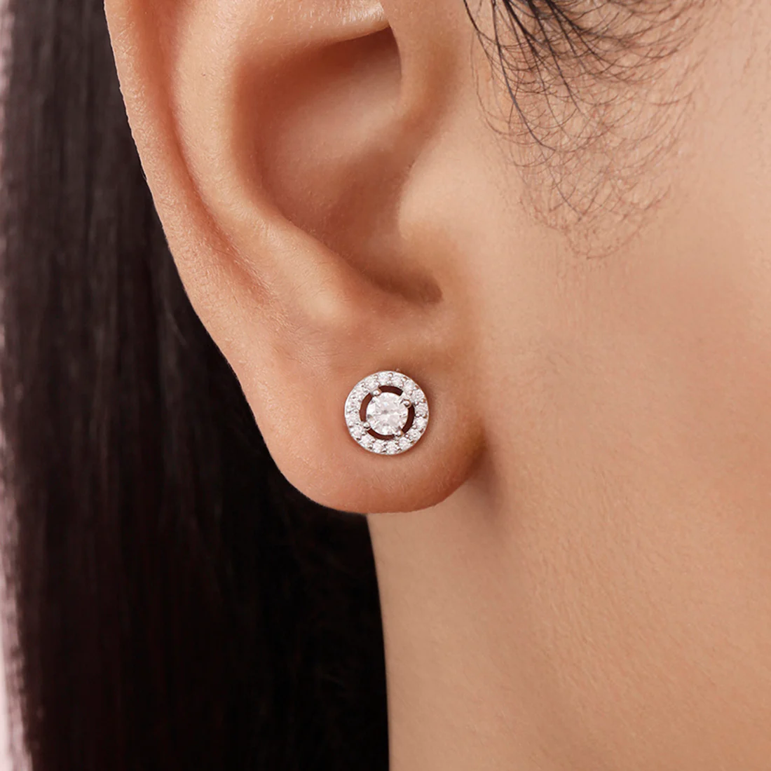Solitaire Halo Rhodium Plated 925 Sterling Silver Stud Earrings - Image 2