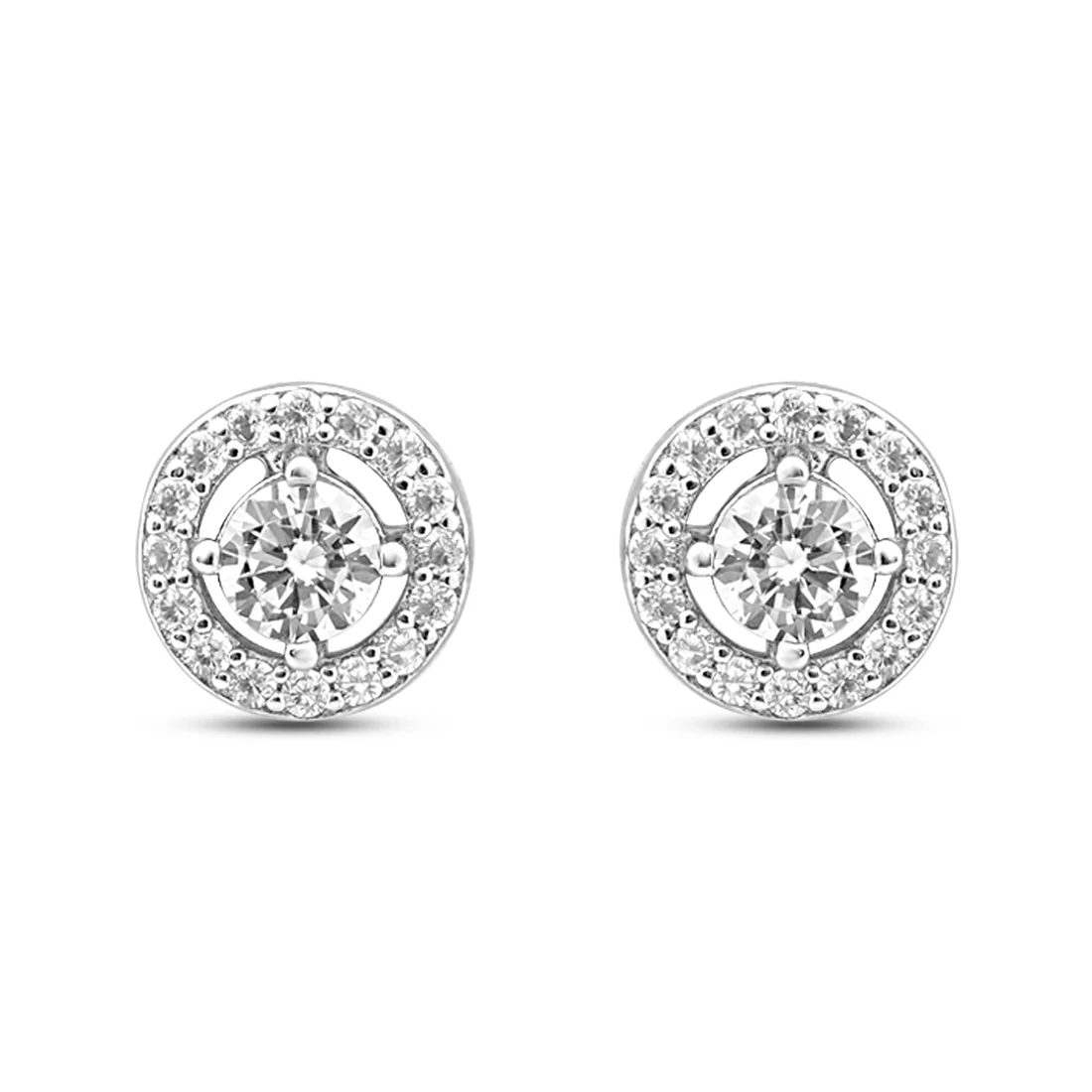 Solitaire Halo Rhodium Plated 925 Sterling Silver Stud Earrings - Image 5