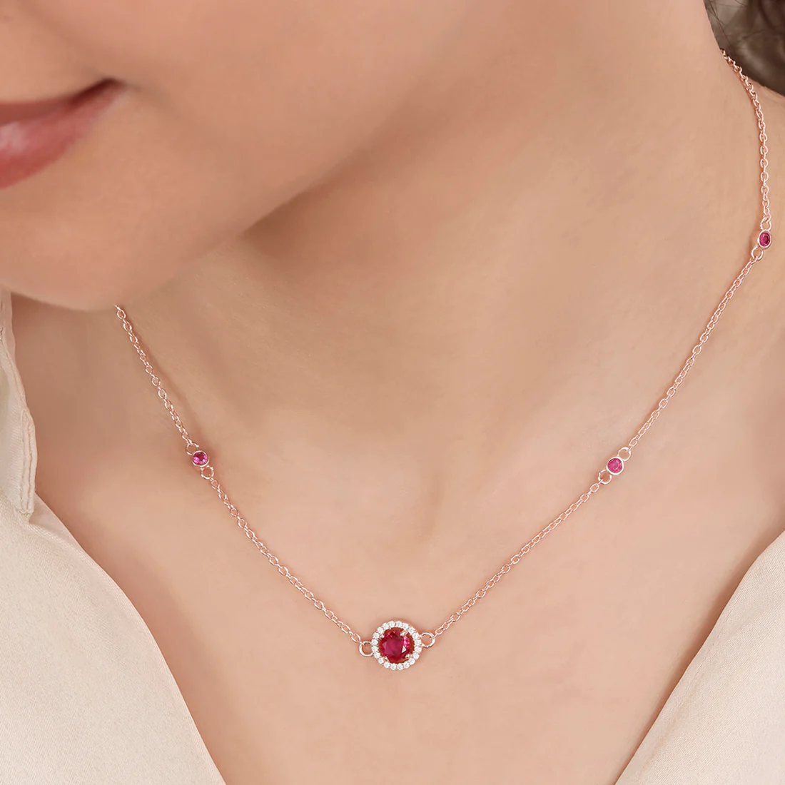 Solitaire Halo Rose Gold Plated 925 Sterling Silver Necklace - Image 3