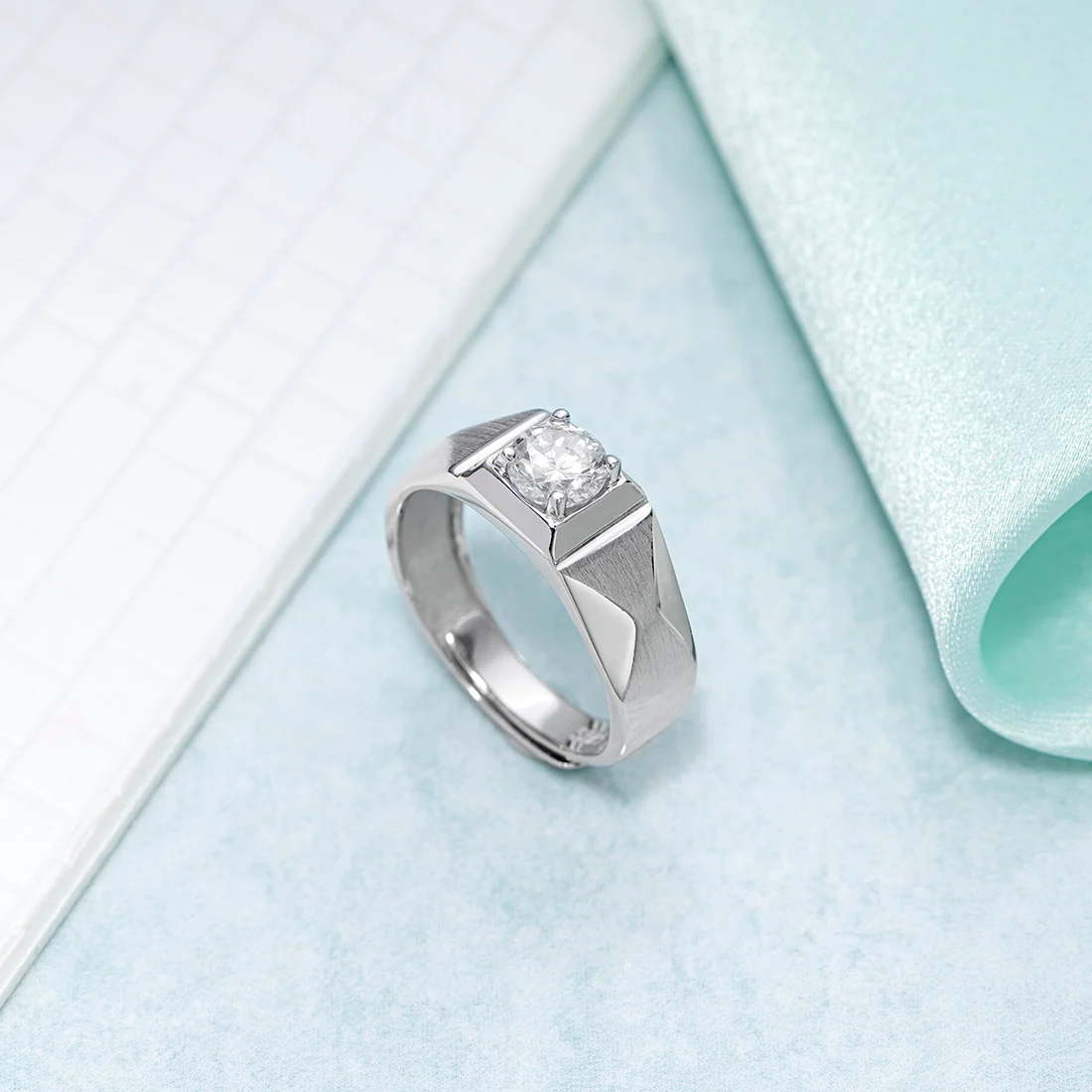 Solitaire Rhodium Plated 925 Sterling Silver Ring for Him (Adjustable)