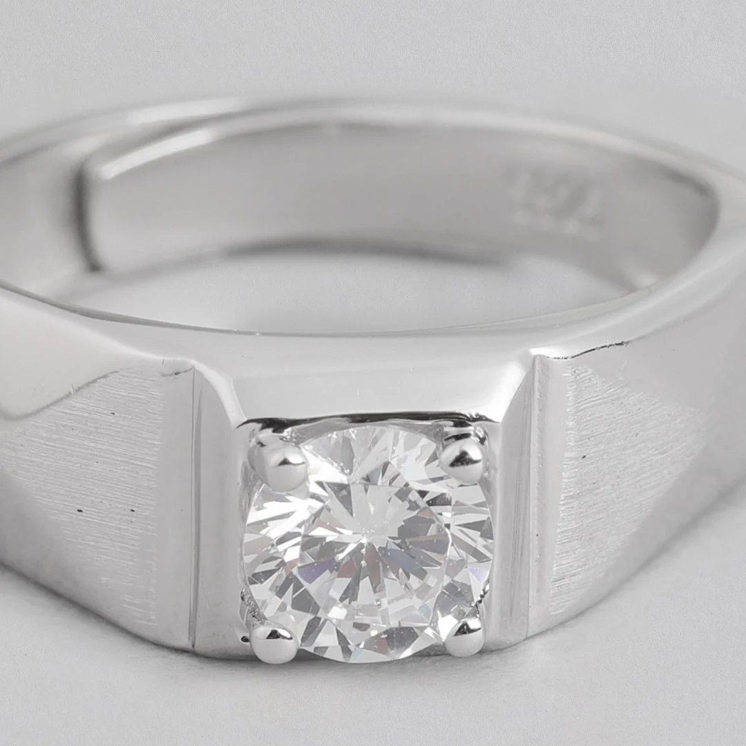 Solitaire Rhodium Plated 925 Sterling Silver Ring for Him (Adjustable) - Image 8
