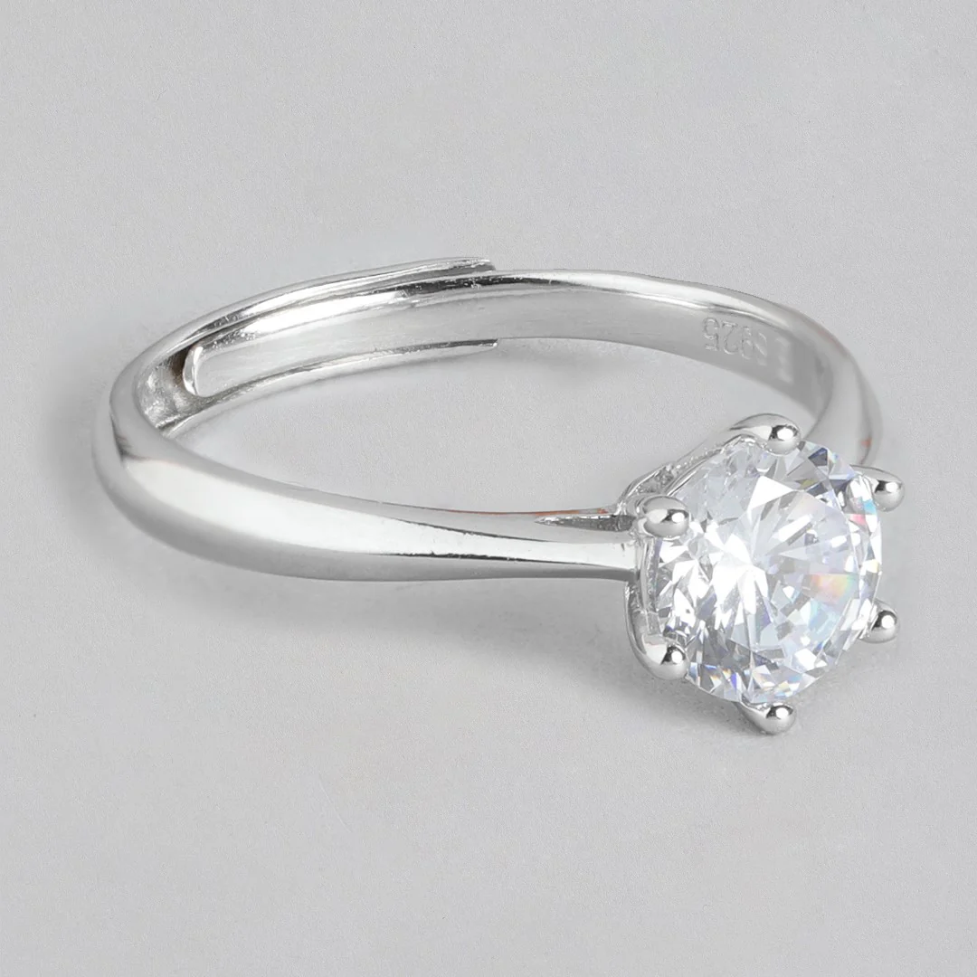 CZ Solitaire Rhodium 925 Sterling Silver Plated Ring (Adjustable) - Image 5