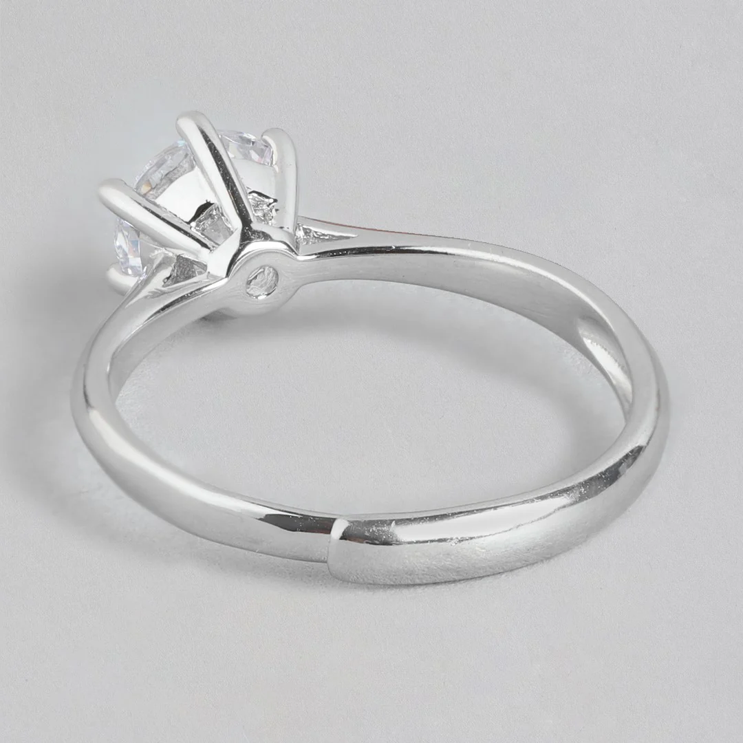 CZ Solitaire Rhodium 925 Sterling Silver Plated Ring (Adjustable) - Image 6