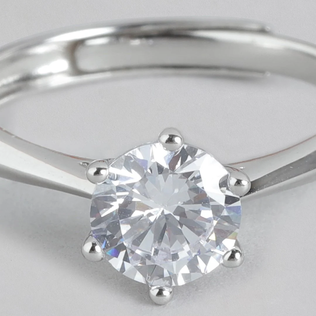 CZ Solitaire Rhodium 925 Sterling Silver Plated Ring (Adjustable) - Image 7