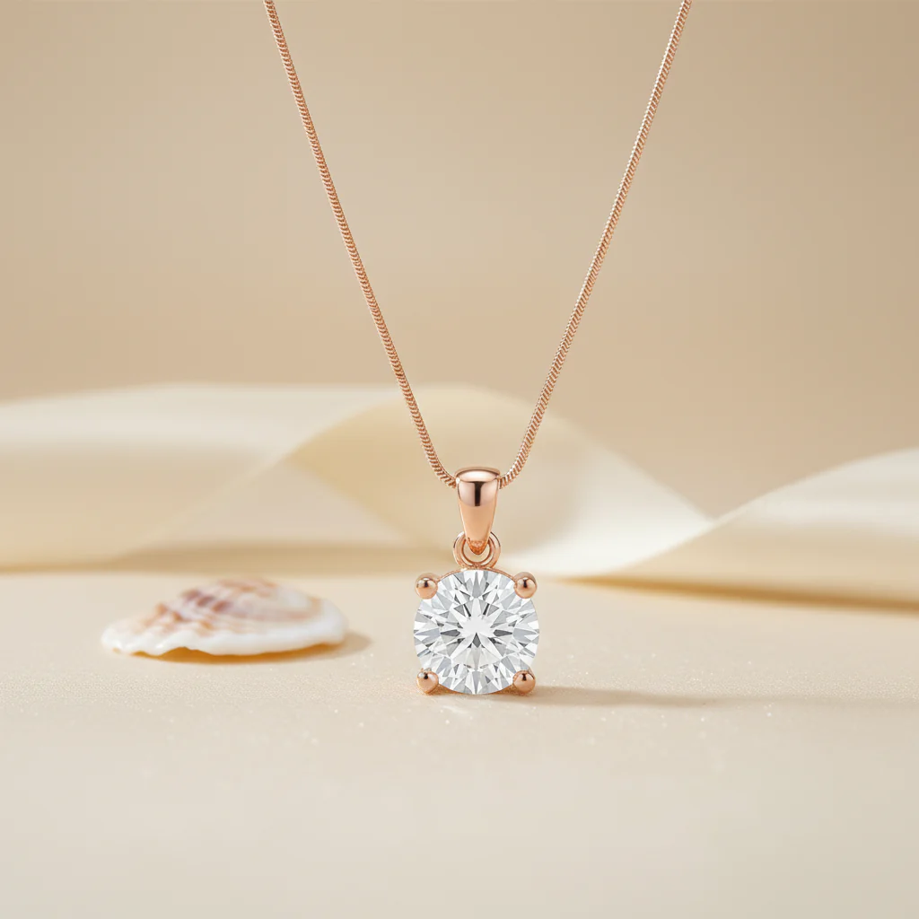 Solitaire Rose Gold Plated 925 Silver Pendant With Snake Chain