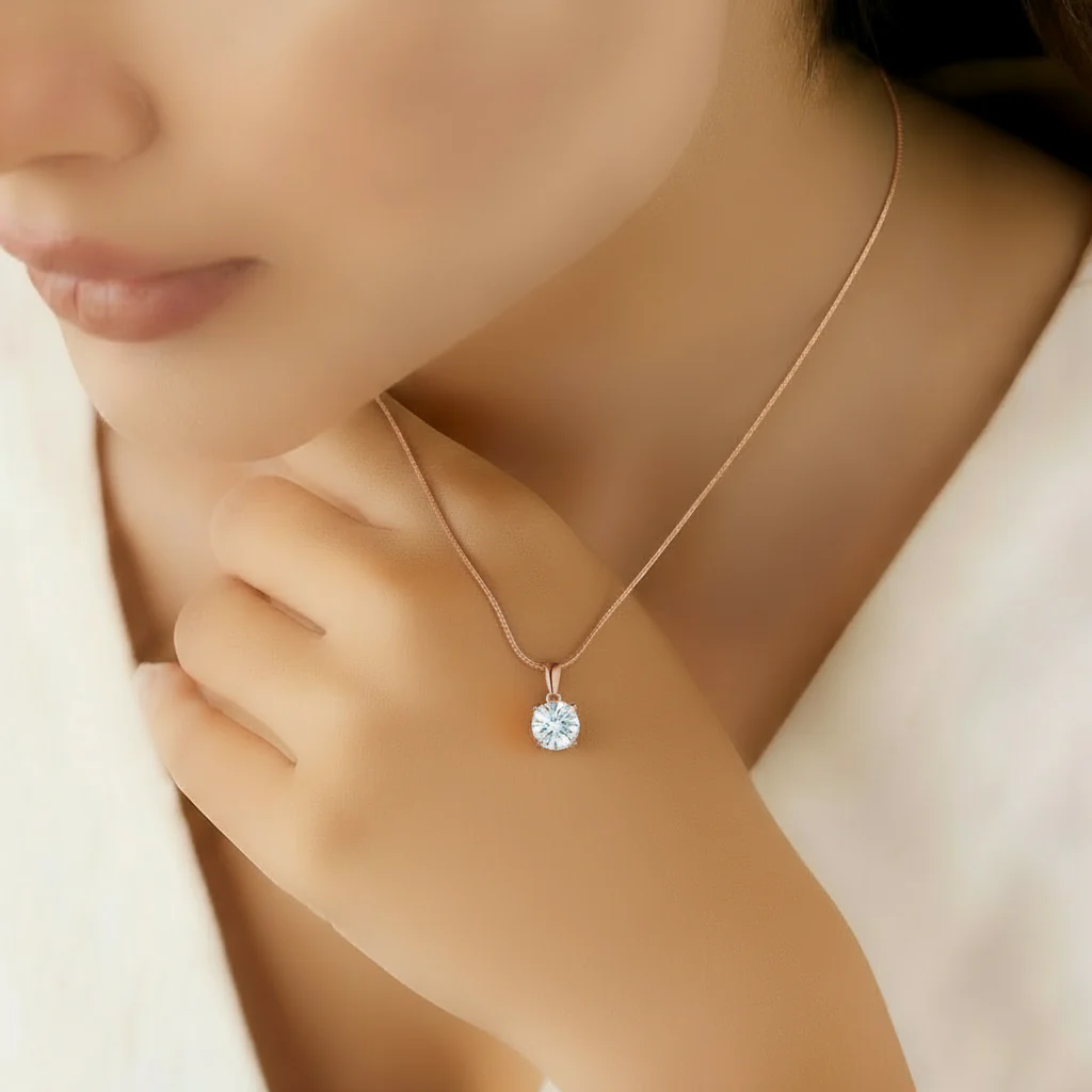 Solitaire Rose Gold Plated 925 Silver Pendant With Snake Chain - Image 3