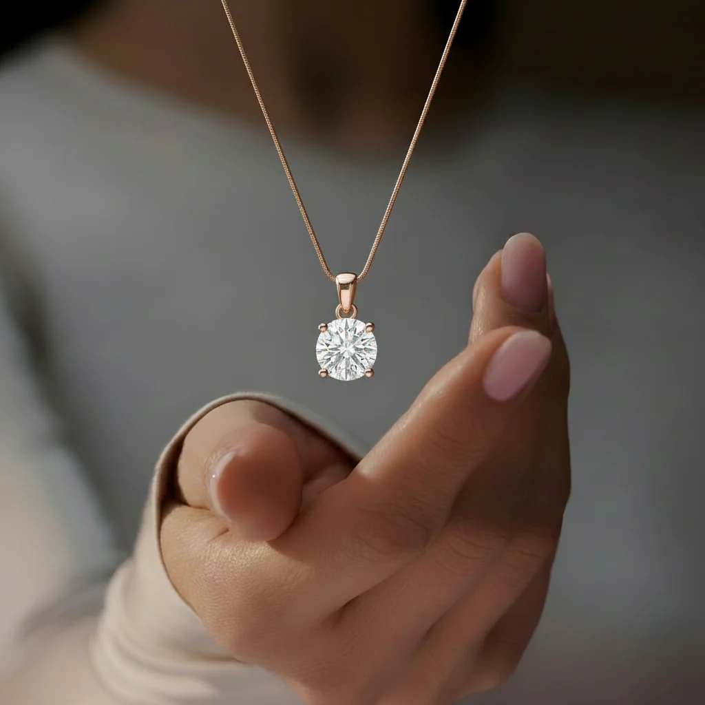 Solitaire Rose Gold Plated 925 Silver Pendant With Snake Chain - Image 6