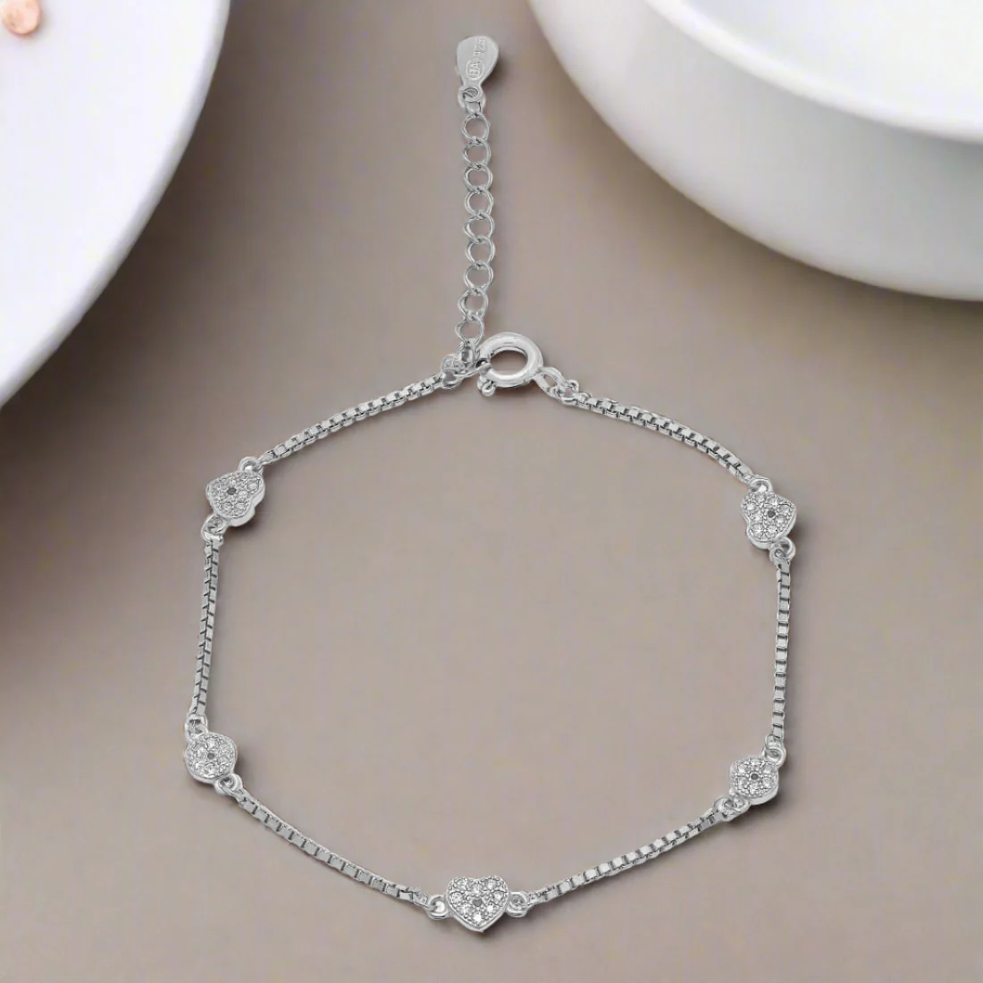 Sparkling Heart Rhodium Plated 925 Sterling Silver Bracelet - Image 2