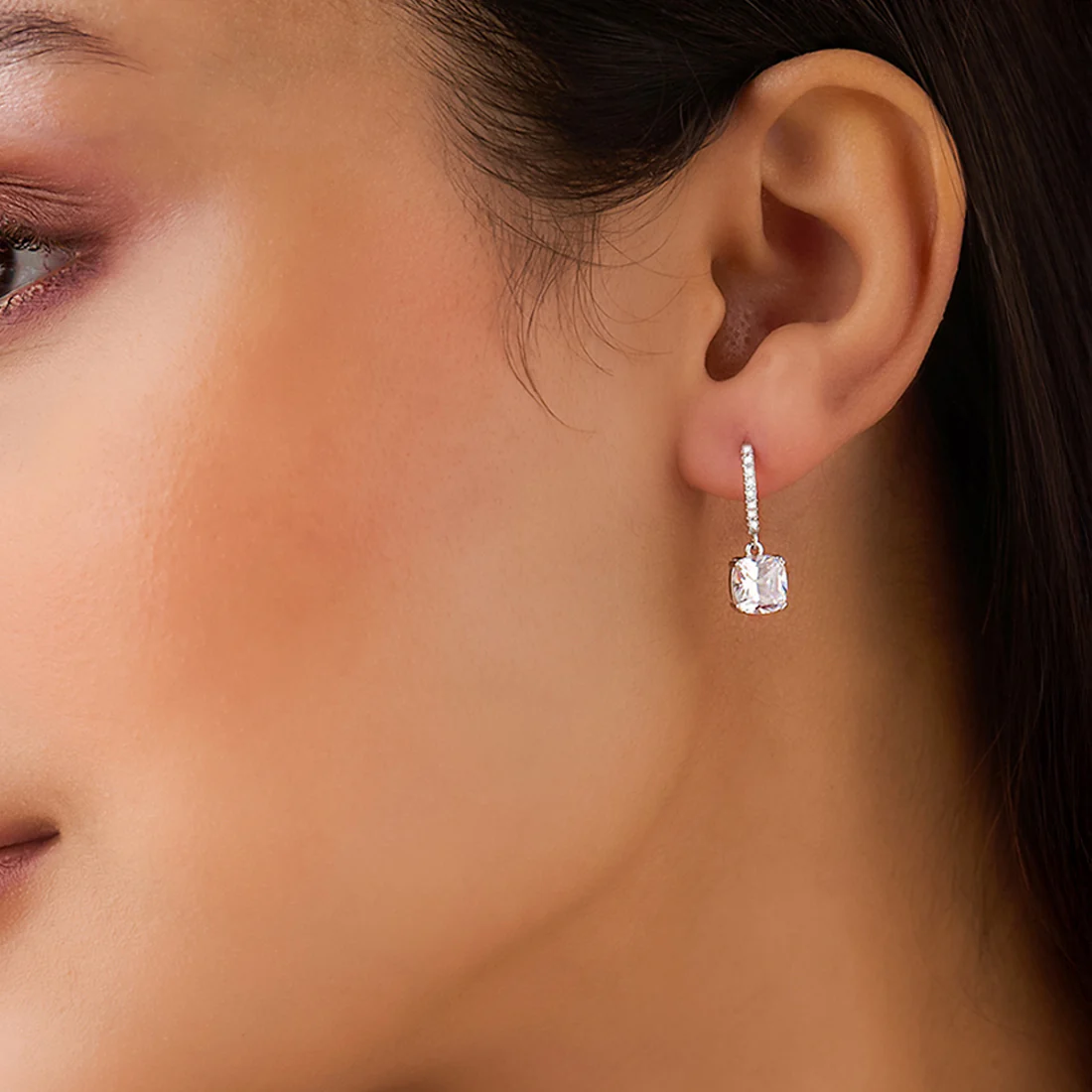 Echo of Light Silver Dangle Hoop Rhodium Plated Earrings - Image 2