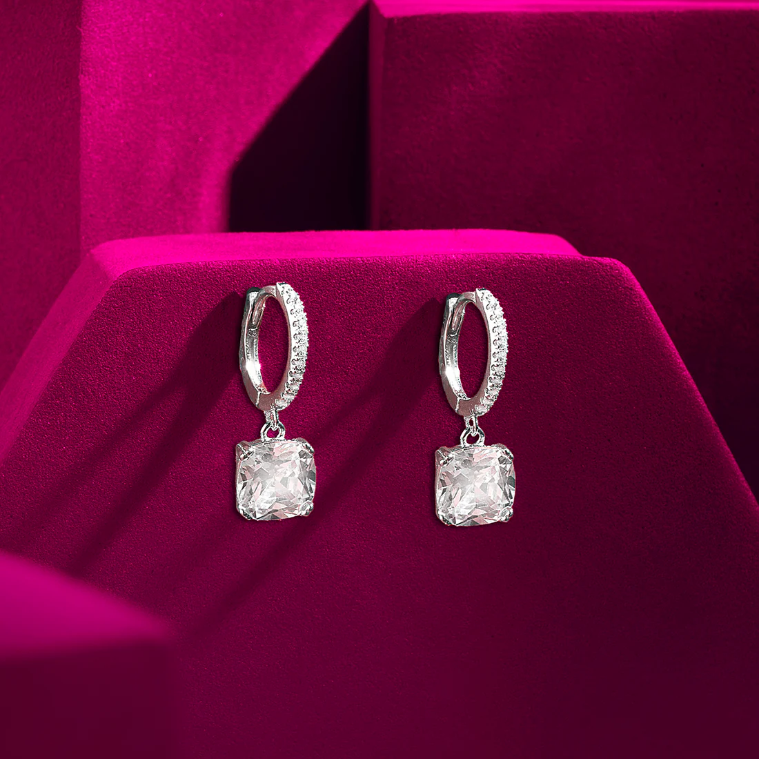 Echo of Light Silver Dangle Hoop Rhodium Plated Earrings - Image 7