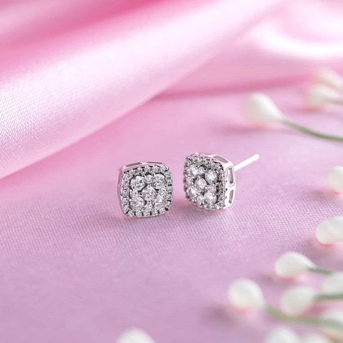 Square CZ Studded 925 Sterling Silver Stud Earrings - Image 2