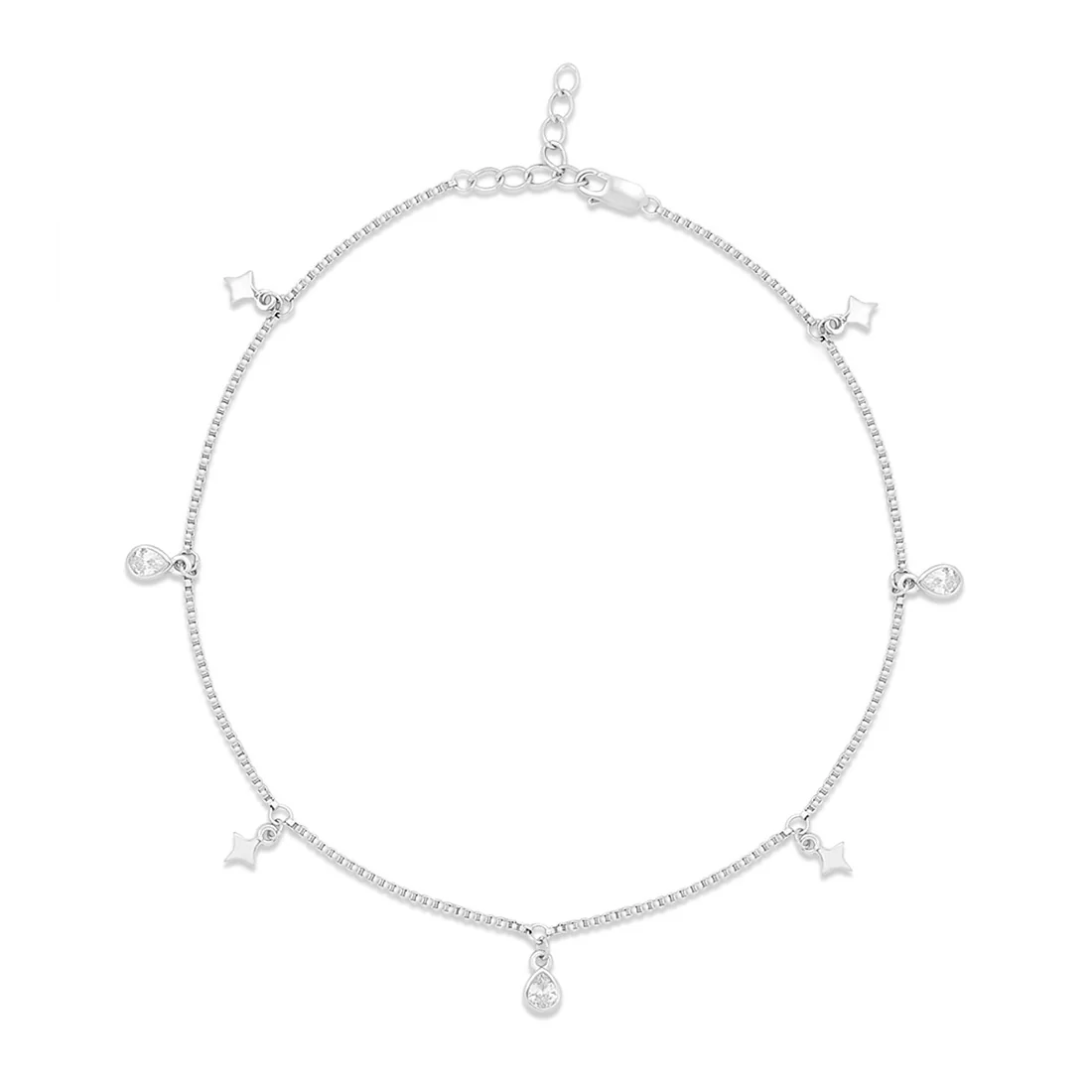 Star CZ Charms Rhodium Plated 925 Sterling Silver Anklet - Image 6