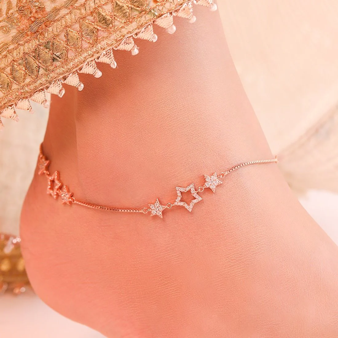 Star Cubic Zirconia Rose Gold Plated 925 Sterling Silver Anklet - Image 5