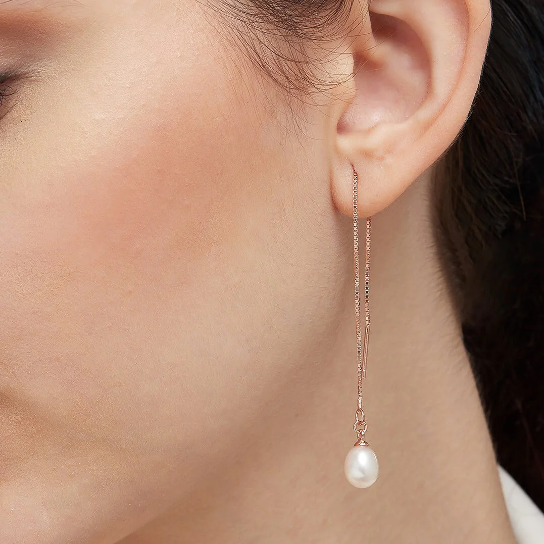 Sui Dhaga with Pearl 7mm 925 Silver Earrings in Rose Gold - Image 2