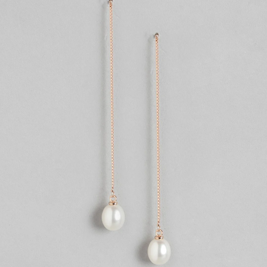 Sui Dhaga with Pearl 7mm 925 Silver Earrings in Rose Gold - Image 6