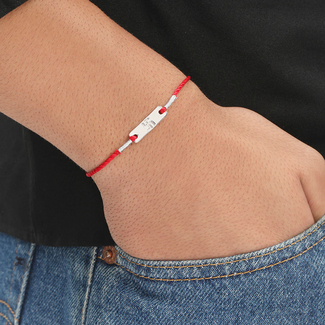 Swastik Charm Rhodium-Plated Sterling Silver Thread Rakhi For Him - Image 3