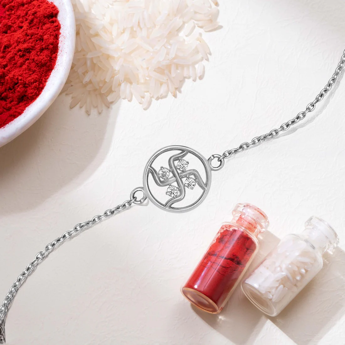 Swastik Charm With Cubic Zirconia Rhodium-Plated Sterling Silver Adjustable Link Chain Rakhi For Him - Image 2