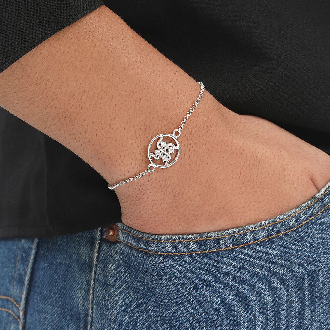 Swastik Charm With Cubic Zirconia Rhodium-Plated Sterling Silver Adjustable Link Chain Rakhi For Him - Image 3