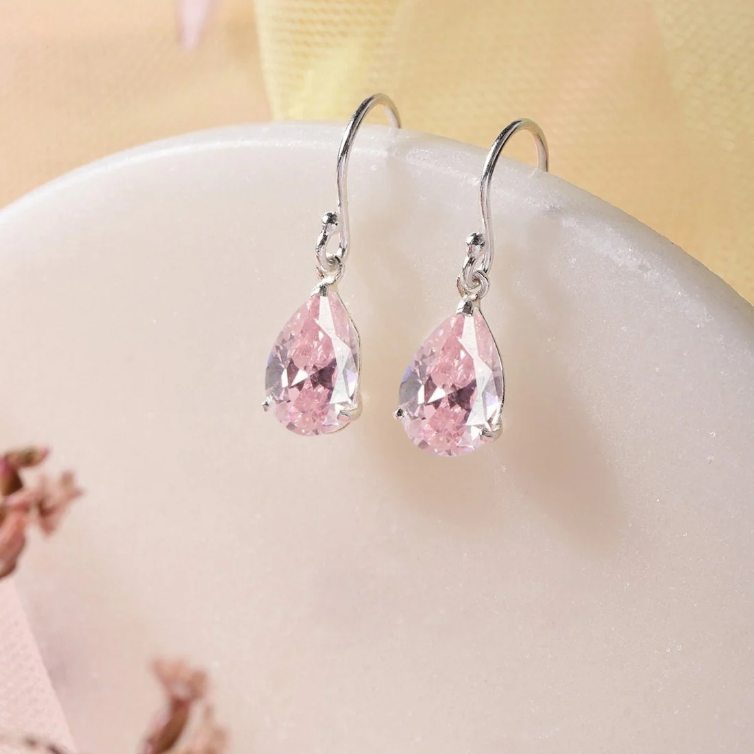 Tear Drop Pink CZ Rhodium Plated 925 Sterling Silver Earring