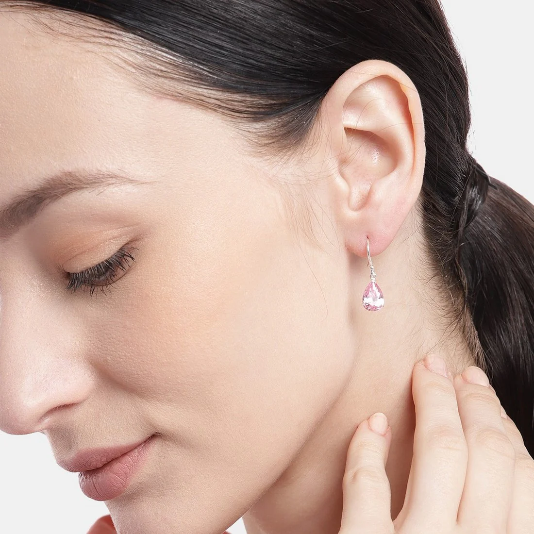 Tear Drop Pink CZ Rhodium Plated 925 Sterling Silver Earring - Image 2