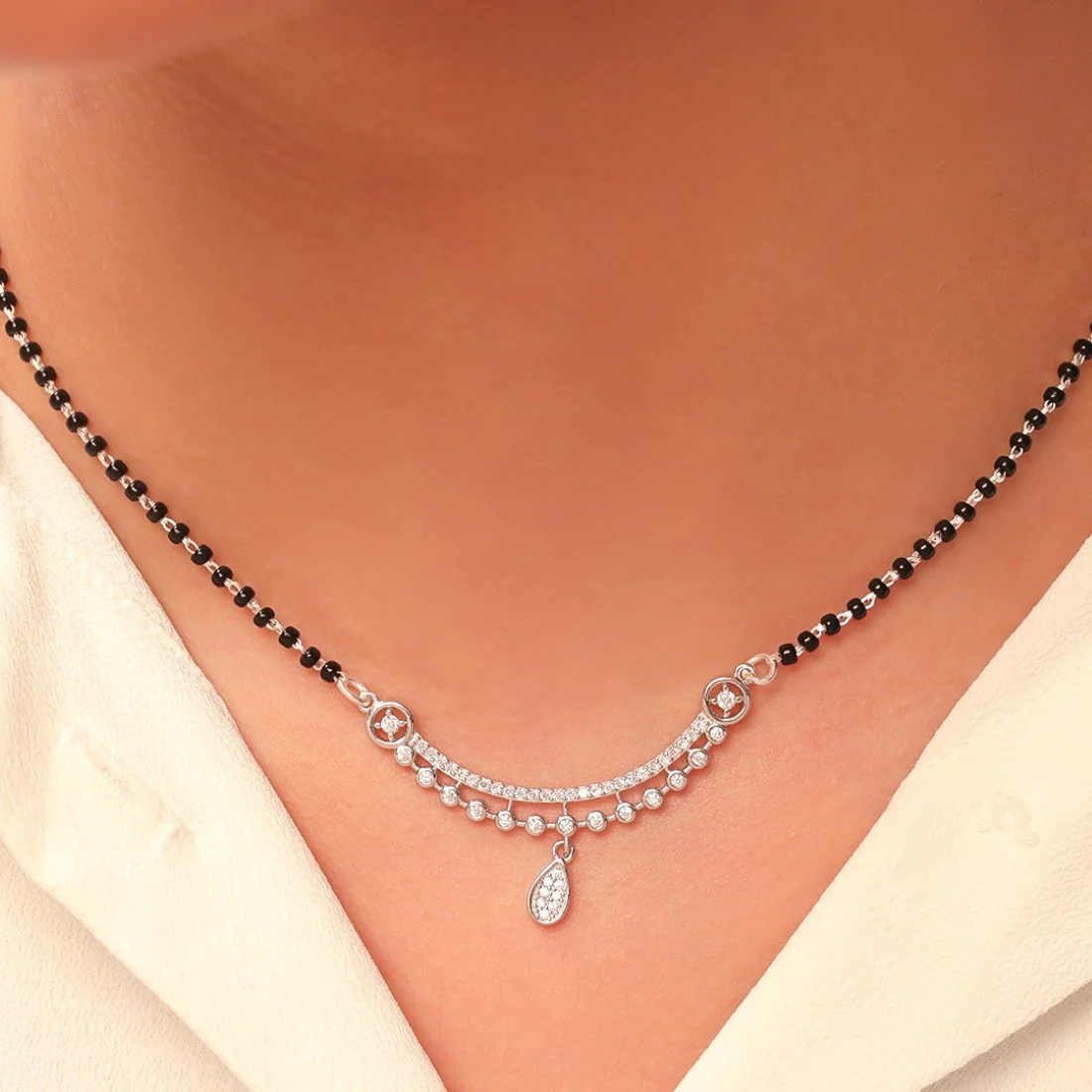 Teardrop CZ Stuuded 925 Silver Mangalsutra - Image 3