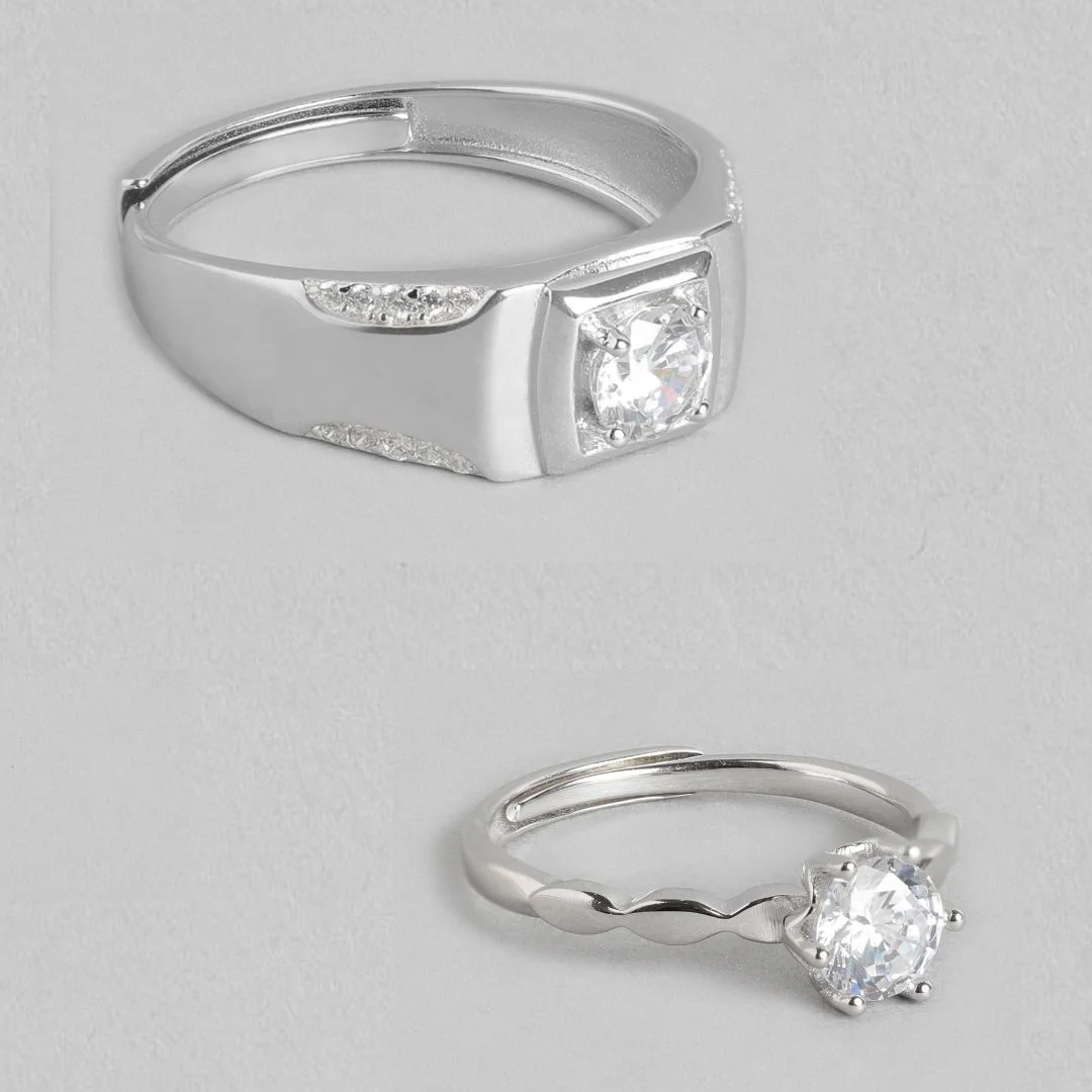 Timeless Devotion Rhodium-Plated 925 Sterling Silver Solitaire Couple Ring (Adjustable) - Image 7