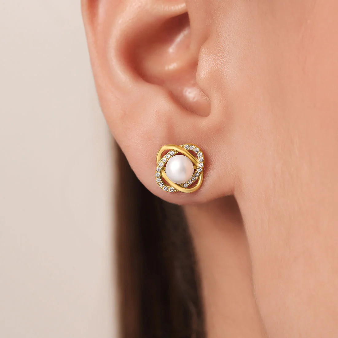 Timeless Elegance Pearl-CZ 925 Sterling Silver Gold Plated Stud Earrings - Image 2