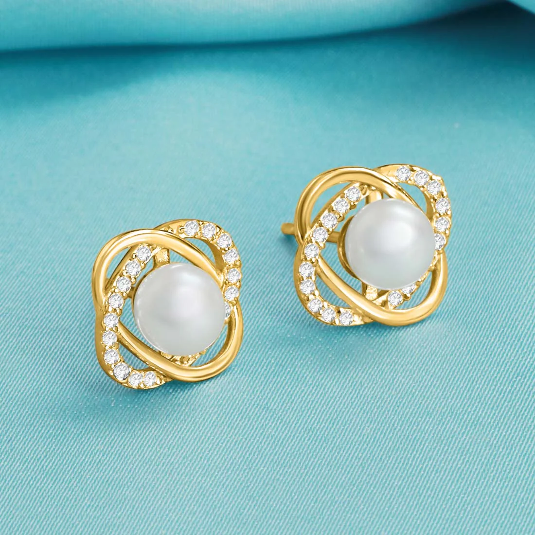 Timeless Elegance Pearl-CZ 925 Sterling Silver Gold Plated Stud Earrings - Image 3