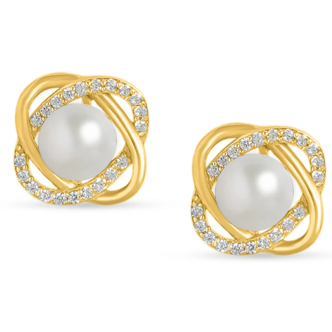 Timeless Elegance Pearl-CZ 925 Sterling Silver Gold Plated Stud Earrings - Image 4
